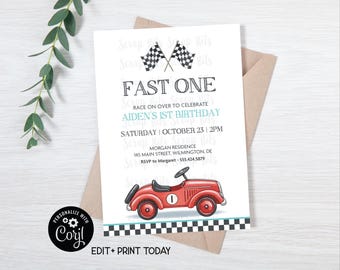 Editable Racing 1st Birthday Invitation, Fast One Classic Red Race Car, Printable Digital Template