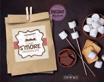 I Need S'more Friends Like You Tags, Tan Stripes .  Printable S'mores Tags, Smore Teachers Tag . Instant Download