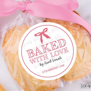 Baked with Love Stickers, Coquette Small Bow, Personalized Baking Labels or Kitchen Tags for Favors, Gifts, Clear Candy Bags, Custom Printed
