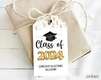 Graduation Party Favor Tags, Class of 2024 Gold Foil Balloons & Confetti . 2 x 3.5 inches, Qty 10