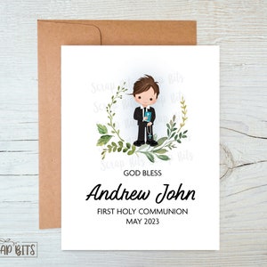 Personalized First Holy Communion Card, Greenery Wreath Boy Communion Card, Communion Portrait Card . Greenery Communion Greeting Card