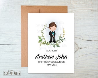 Personalized First Holy Communion Card, Greenery Wreath Boy Communion Card, Communion Portrait Card . Greenery Communion Greeting Card