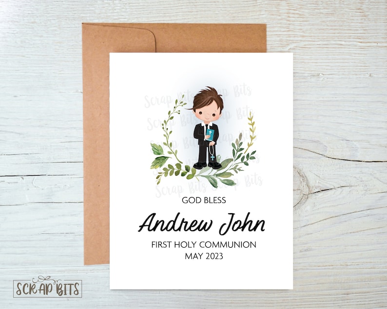 Personalized First Holy Communion Card, Greenery Wreath Boy Communion Card, Communion Portrait Card . Greenery Communion Greeting Card image 1