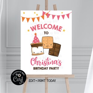 EDITABLE Smore Birthday Welcome Sign Template, Printable S&#39;more Party Entrance Sign, Pink & Orange . Digital Download