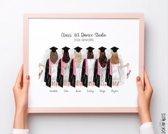 Friend Group Graduation Portrait Print, Custom Illustration, Printable Wall Art, Digital Download, Personalized Graduation Gift, Half Body 6