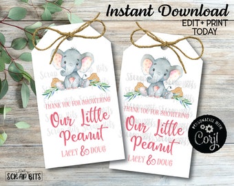 EDITABLE Printable Baby Shower Tags, Our Little Peanut Tags, Girl Elephant Baby Shower Tags, Printable Baby Shower Thank You Tags, Pink