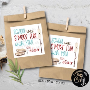BEWERKBARE Smores-tags, School Was S'more Fun Last Day of School, Afdrukbare tags voor einde schooljaar S'mores Kit-taslabels, leuk kindercadeau