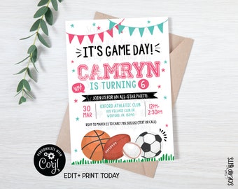 EDITABLE Sports Birthday Invitation, It's Game Day, Blue & Pink Sports Party Invitation, Printable Sports Invite, Soccer, Football, Baseball