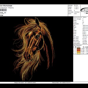 May include: An embroidered design of a horse's head with flowing mane, rendered in shades of brown and gold against a black background. The design is 17.36 inches high and 11.80 inches wide. The text "Horse" is displayed.