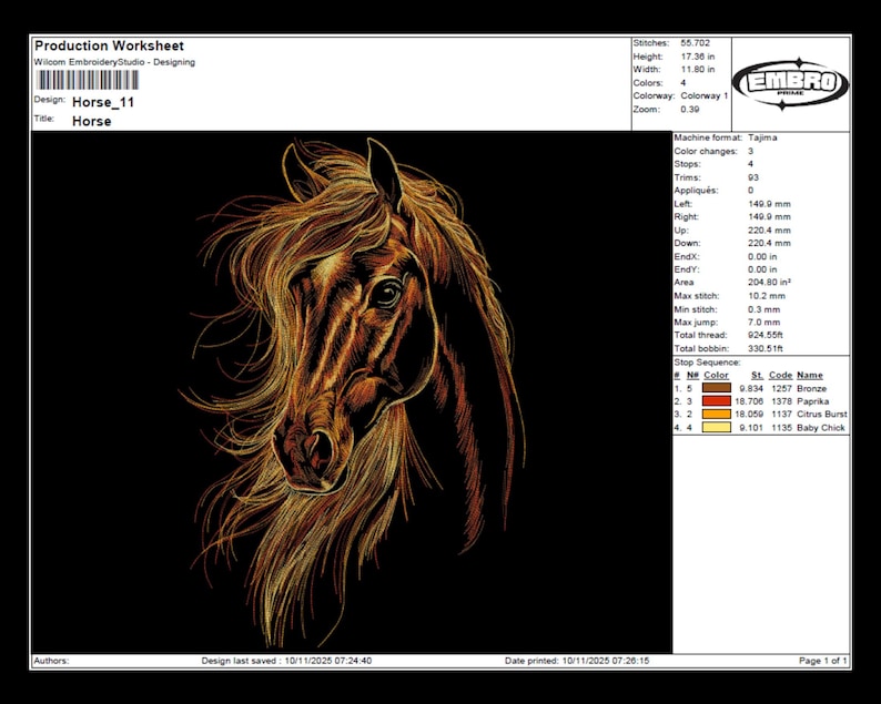 May include: An embroidered design of a horse's head with flowing mane, rendered in shades of brown and gold against a black background. The design is 17.36 inches high and 11.80 inches wide. The text "Horse" is displayed.