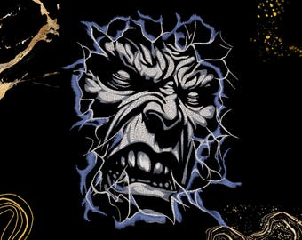 May include: A detailed illustration of a monster face with sharp teeth and a menacing expression. The design features a combination of white, gray, and blue against a black background, with abstract gold accents.