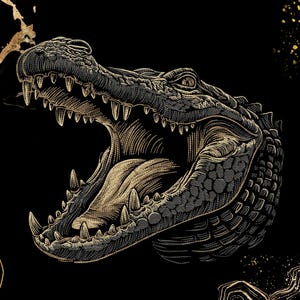 Op de afbeelding: Gedetailleerde illustratie van een alligatorhoofd met wijd open mond, met scherpe tanden en een getextureerde tong. Het kunstwerk is uitgevoerd in grijstinten en goud tegen een zwarte achtergrond, met gouden accenten.