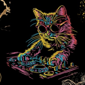 DJ Cat Embroidery Design | Neon Cyberpunk Style | Music Lovers, DJs, Ravers | Digital Download | Pes, Dst, Exp, Jef | Machine Embroidery