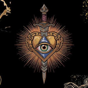 Sacred Heart Eye Embroidery Design | All Seeing Eye with Ornate Sword, Occult Gothic Symbolism | Machine Embroidery File (Digital Download)