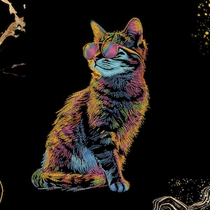 クールな猫の刺繍、ネオンサングラスのキティ、機械刺繍のデジタルダウンロード、PES、PEC、DST、Exp、VP3、XXX、レトロな美的デザイン