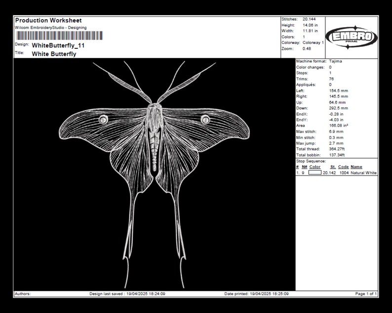 Może przedstawiać: Szczeg&oacute;łowy biały wz&oacute;r motyla na czarnym tle, z tytułem "White Butterfly" i szczeg&oacute;łami projektu. Obraz zawiera wymiary w calach i inne specyfikacje techniczne dla haftu.