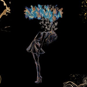 May include: A digital illustration on a black background featuring a figure in a short dress leaning backward. A cloud of small butterflies emerges from the head area, rendered in blue, gold, and white lines. Abstract gold accents frame the corners.