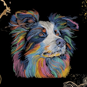 Può includere: Ritratto ricamato di un cane con volto nero, bianco e blu e pelo arcobaleno. Gli occhi del cane sono arancioni, su sfondo nero con dettagli dorati.