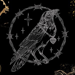 May include: A detailed white line drawing of a raven inside a barbed wire circle, wearing a heart pendant. The raven is set against a black background with gold accents and four stars. The artwork has a gothic or dark aesthetic.