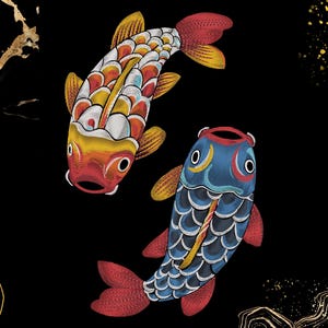May include: Two stylized koi fish illustrations on a black background. One fish is primarily orange, yellow, and white, while the other is blue, white, and yellow. Both have red fins and tails, and are designed in a traditional Japanese style.