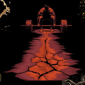 May include: An illustration of a person lifting a barbell, set against a black background. The person is in a squat position, with the barbell resting on the ground. The ground is cracked and orange, with a path leading to the person.