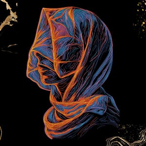 Może przedstawiać: Artystyczna ilustracja postaci w drapowanej chuście na głowie. Grafika przedstawia profil z głową i szyją zakrytą płynącą tkaniną. Paleta kolorów obejmuje odcienie niebieskiego, pomarańczowego i fioletowego na czarnym tle.