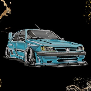以下が含まれることがあります： ターコイズ色のプジョー車のスタイリッシュなイラスト。スポイラーとカスタムホイールが特徴です。黒い背景に金色のアクセントが施されています。車のデザインはロープロファイルで、詳細なステッチが施されています。