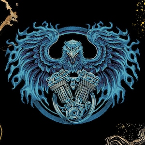 May include: A detailed blue illustration of an eagle with outstretched wings, a motorcycle engine, and a circular design. The artwork is set against a black background with gold accents. The eagle's feathers and the engine are intricately detailed.
