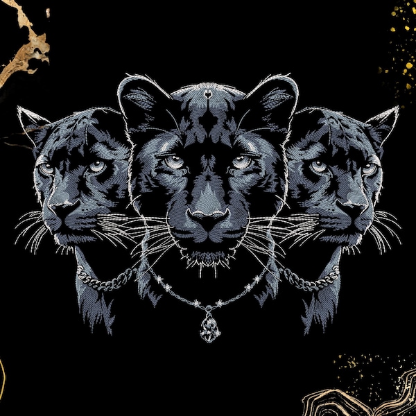 Black Panther Trio Embroidery Design | Mystical Animal Art | Jacket Decor Gift | Digital Machine Embroidery File | Wild Cat Pattern | Exp