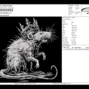 May include: A black and white embroidery design of a rat wearing a crown, titled "Crowned Rat." The design is 12.15 inches high and 11.80 inches wide. The image includes technical details like stitch count and thread information.