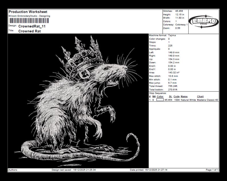 May include: A black and white embroidery design of a rat wearing a crown, titled "Crowned Rat." The design is 12.15 inches high and 11.80 inches wide. The image includes technical details like stitch count and thread information.