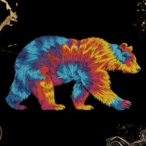 Tie Dye Björn Broderidesign | Färgglad Grizzlybjörn Djurkonst | Vildmarksdesign för Jackor, Tyger och Kläder | Digital Nedladdning | Dst