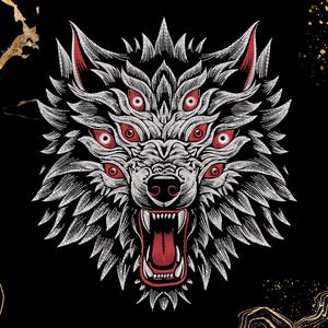 May include: A graphic illustration of a wolf head with multiple eyes on a black background. The wolf features white fur with intricate line work, red accents in the eyes, ears, and open mouth, and gold abstract marble-like patterns in the corners.