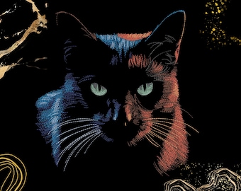 May include: A black cat illustration featuring vibrant blue and orange highlights on its fur, with piercing light green eyes. The design includes abstract gold line art and speckled gold accents against a solid black background.