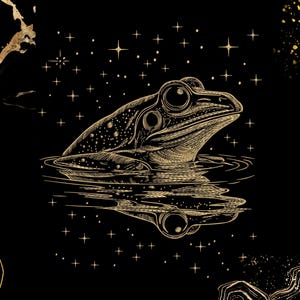 Peut inclure: Une illustration dorée d'une grenouille nageant dans un étang avec des étoiles en arrière-plan.