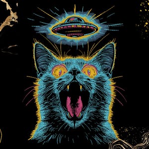 May include: A digital illustration of a teal cat with an open mouth and yellow eyes, beneath a UFO. The cat's fur is detailed with blue and yellow lines, set against a black background with gold accents.