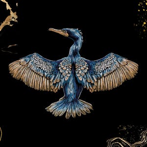 May include: A detailed illustration of a blue bird with outstretched wings against a black background. The bird's wings are a mix of blue and tan, with intricate feather detailing. Gold accents and abstract shapes frame the bird.