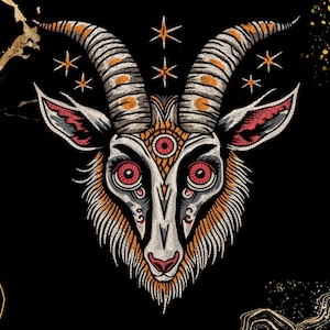 May include: A graphic illustration of a goat head featuring three red eyes, large curved horns, and intricate line work in shades of orange, white, and black. The design includes several four-pointed star symbols positioned above the horns.