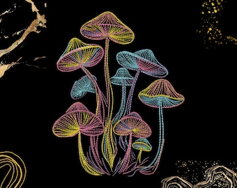Paddestoel borduurontwerp, psychedelische neonkunst, DIY digitale download, machineborduurpatroon, decor trippy schimmels, Instant Download