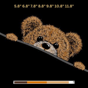 May include: Embroidered brown teddy bear peeking out from behind a black surface. The bear has a detailed, textured design with black eyes and a stitched zipper detail. The text "5.8" 6.8" 7.8" 8.8" 9.8" 10.8" 11.8" is at the top.