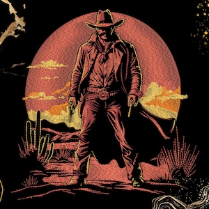 Könnte beinhalten: Illustration eines Cowboys mit zwei Pistolen, vor einer roten Sonne. Der Cowboy trägt einen Hut, einen langen Mantel und Stiefel. Der Hintergrund zeigt eine Wüstenlandschaft mit Kakteen und einem Sonnenuntergang.