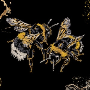 May include: Detailed illustration of two bumblebees on a black background. The bees are rendered with intricate embroidery-like detail, featuring yellow, black, and white coloring. The wings are a mix of gold and gray. The overall design has a nature or insect theme.