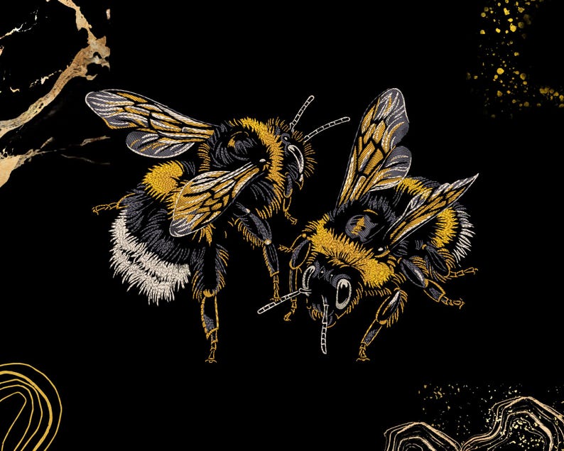 May include: Detailed illustration of two bumblebees on a black background. The bees are rendered with intricate embroidery-like detail, featuring yellow, black, and white coloring. The wings are a mix of gold and gray. The overall design has a nature or insect theme.