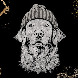 May include: A detailed black and white illustration of a Golden Retriever wearing a striped beanie. The dog's fur is meticulously rendered, and the image is set against a black background with gold accents.