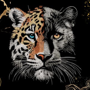 Tiger & Panther Split Face Embroidery Design | Wild Animal Fusion | Jacket Patch Art | Instant Download | Dst, Exp, Jef, Sew, Pes, Pec, Vp3
