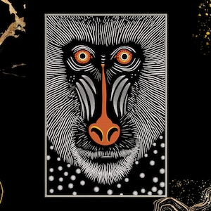 Könnte beinhalten: Eine Schwarzweiß-Zeichnung eines Mandrill-Affenkopfes. Der Affe hat eine große, prominente Nase und leuchtend orange Augen. Der Hintergrund ist schwarz mit weißen Punkten.