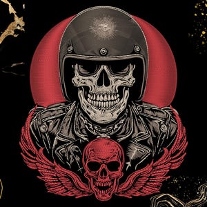 May include: Illustration of a skull wearing a black motorcycle helmet and leather jacket, set against a red circular backdrop. A red skull with wings is below the main skull. The artwork is on a black background with gold accents.