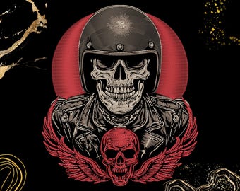 Skull Biker Embroidery | Gothic Motorcycle Design | Jackets & Patches | Digital File | Dark Art, Red Wings, Punk Style | Exp, Dst, Sew, Pes