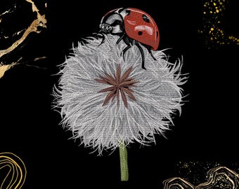 May include: An embroidered design on a black background featuring a red ladybird with black spots resting on a fluffy white dandelion seed head. The dandelion has a green stem and a brown centre, accented by gold abstract lines and gold speckles.