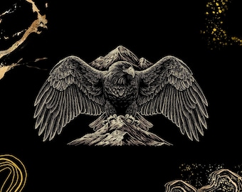 May include: A detailed illustration of a majestic eagle with wings fully spread, perched atop a rugged mountain peak. The artwork features intricate stippling and line work in shades of gold and grey against a solid black background.